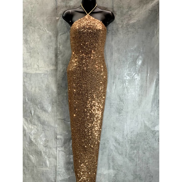 Nookie Dresses & Skirts - NOOKIE Women's Caramel Sequin Embellished Backless Neck-Strap Treasure Maxi Gown